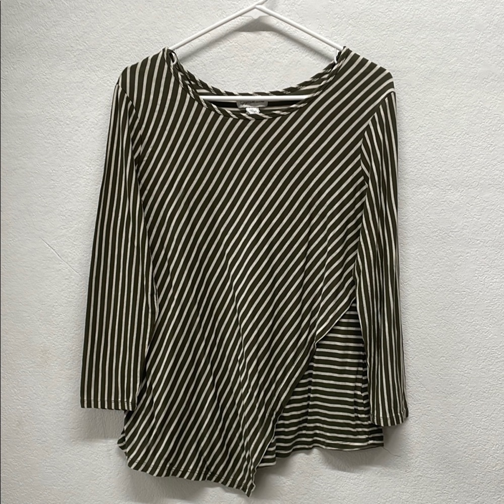 Jaclyn Smith Collection Olive Green And White Stripe Long Sleeve Blouse